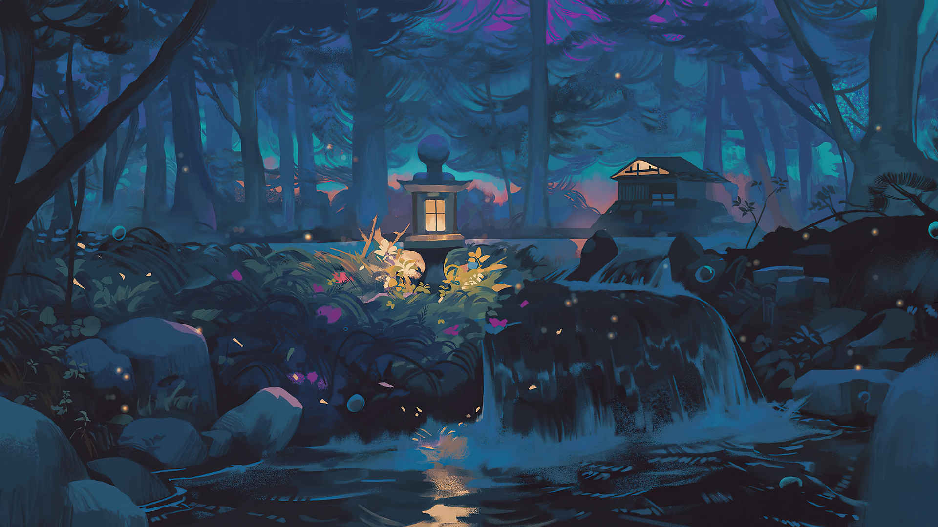 森林 夜晚 自然 树木 ˮ 房子 瀑布 灯 抽象艺术绘画风景4k壁纸