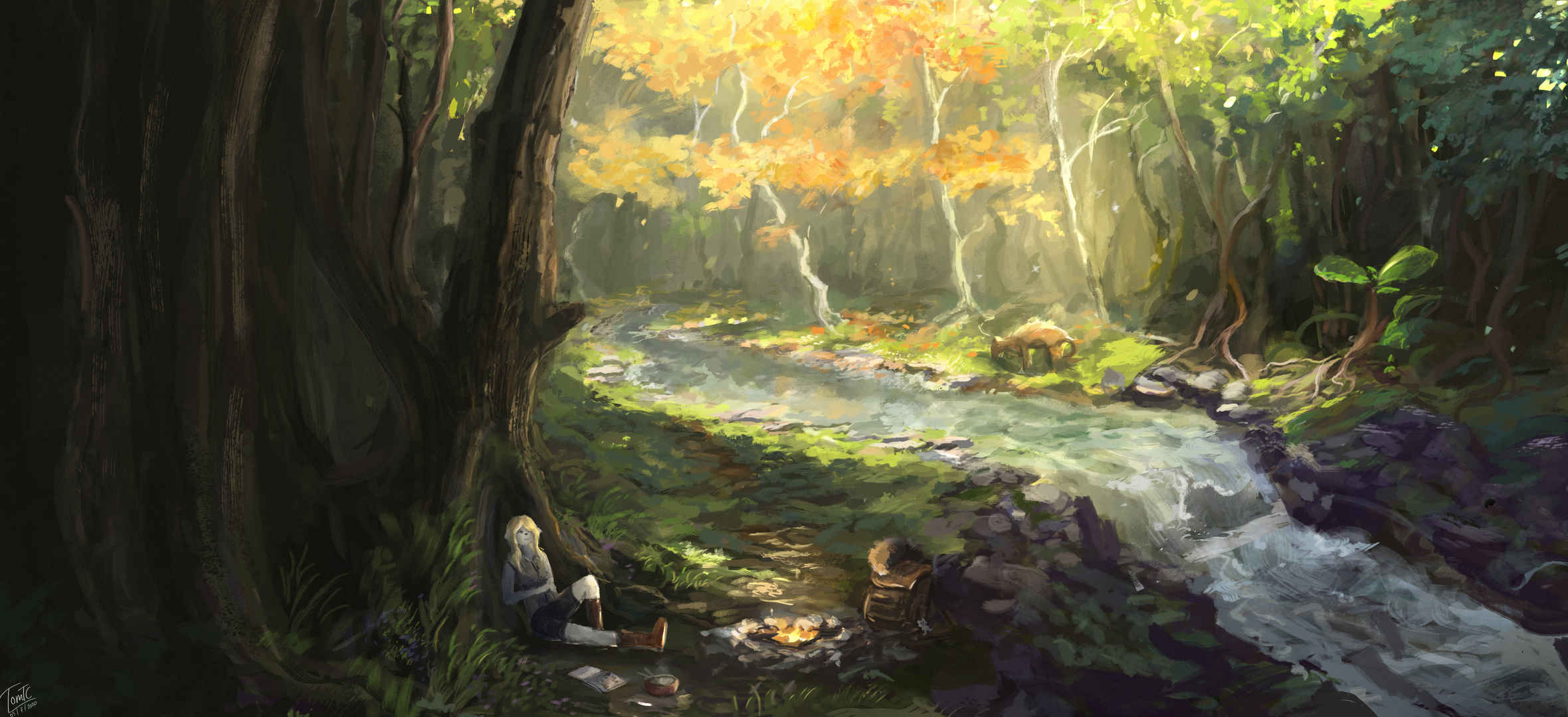 森林 女孩 秋游 宁静的秋天 树 河流 绘画高清3k壁纸