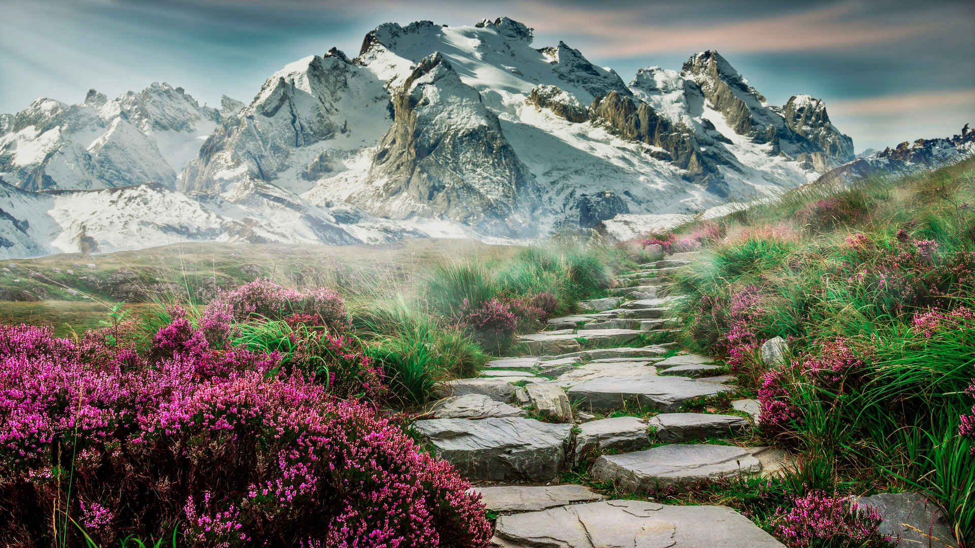 山脉 · 台阶 鲜花和草 4k风景壁纸3840x2160