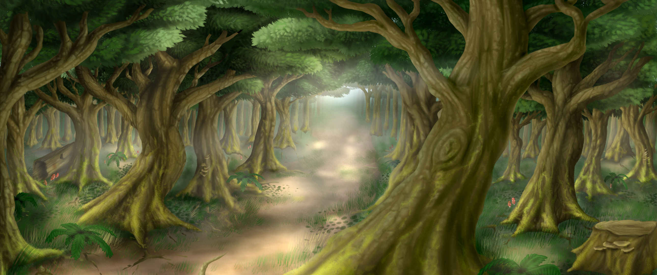 绿色森林小路插画风景3440x1440壁纸