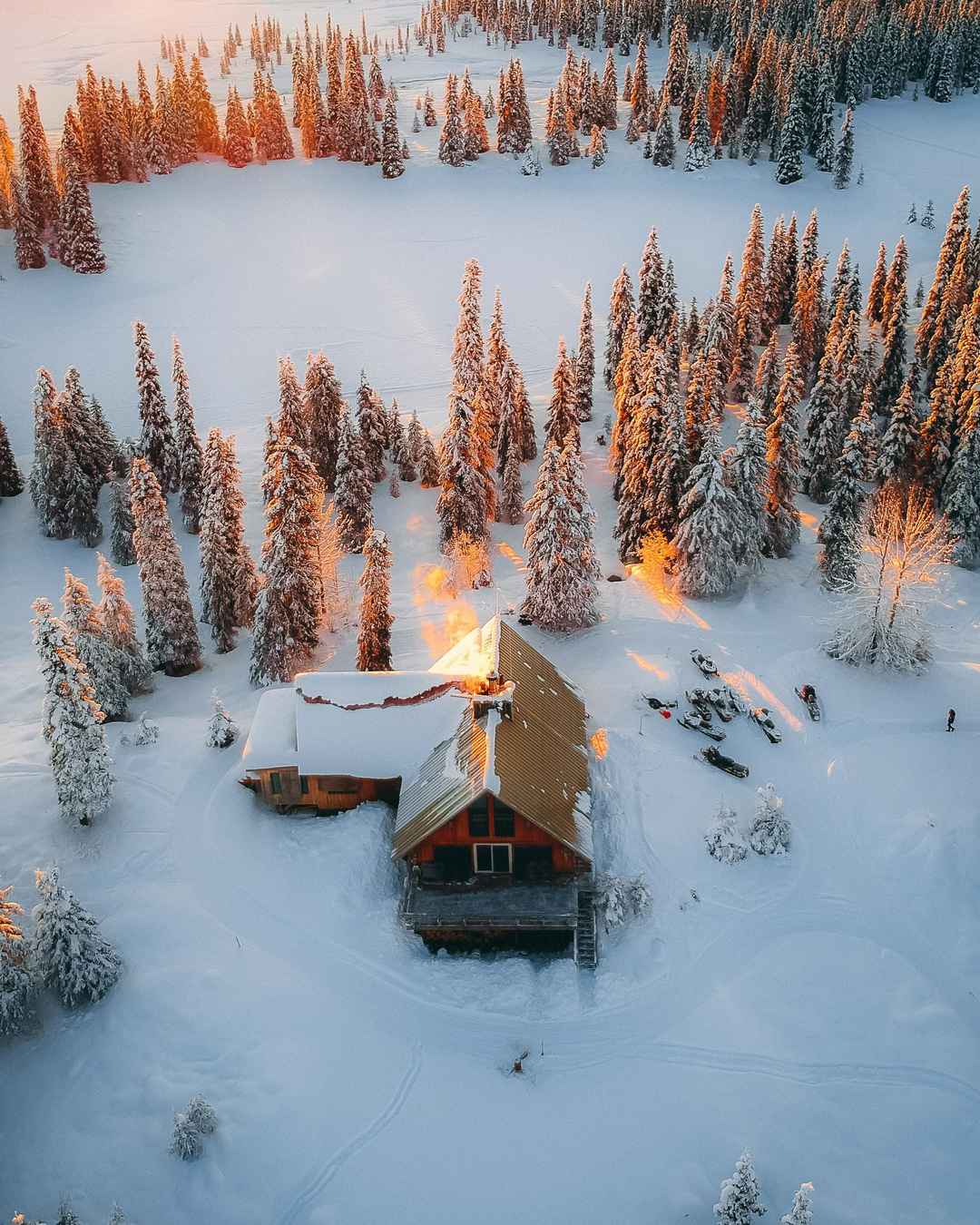 航拍树林屋子雪景手机壁纸