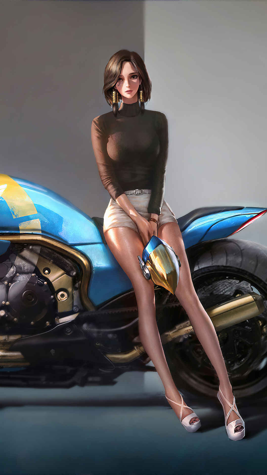 动漫超短裤美女坐摩托车上手机壁纸