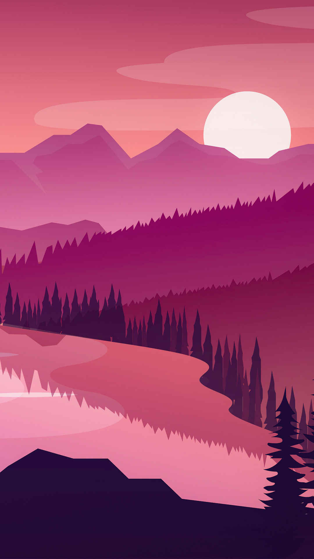 日出 山脉 湖泊 风景插画手机壁纸