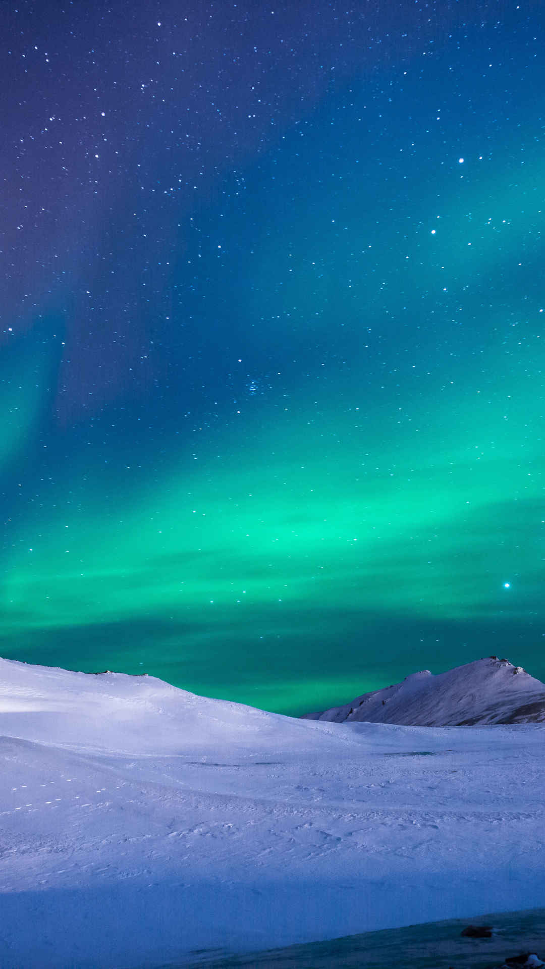 雪 北极光 绿色天空手机壁纸