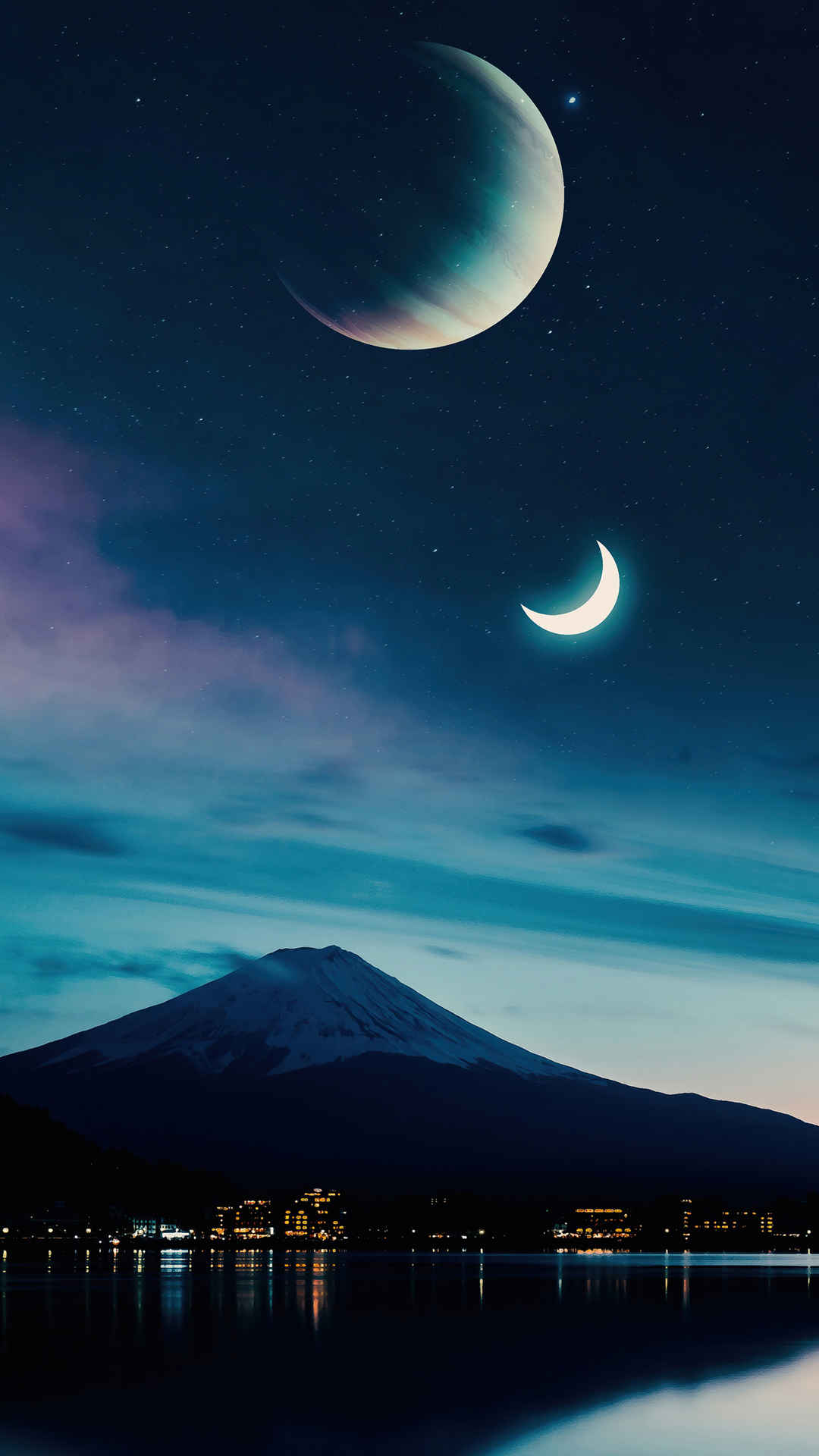 夜晚 月亮 富士山手机壁纸