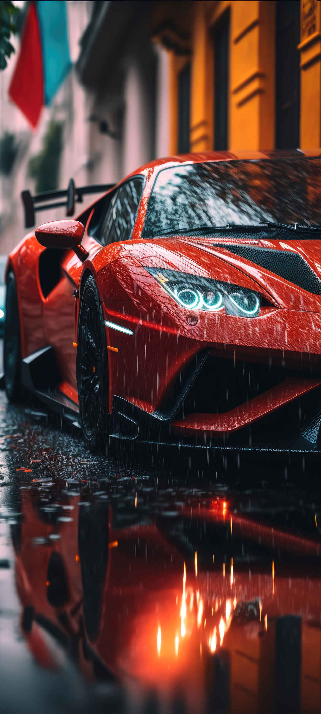 雨天红色跑车炫酷壁纸-