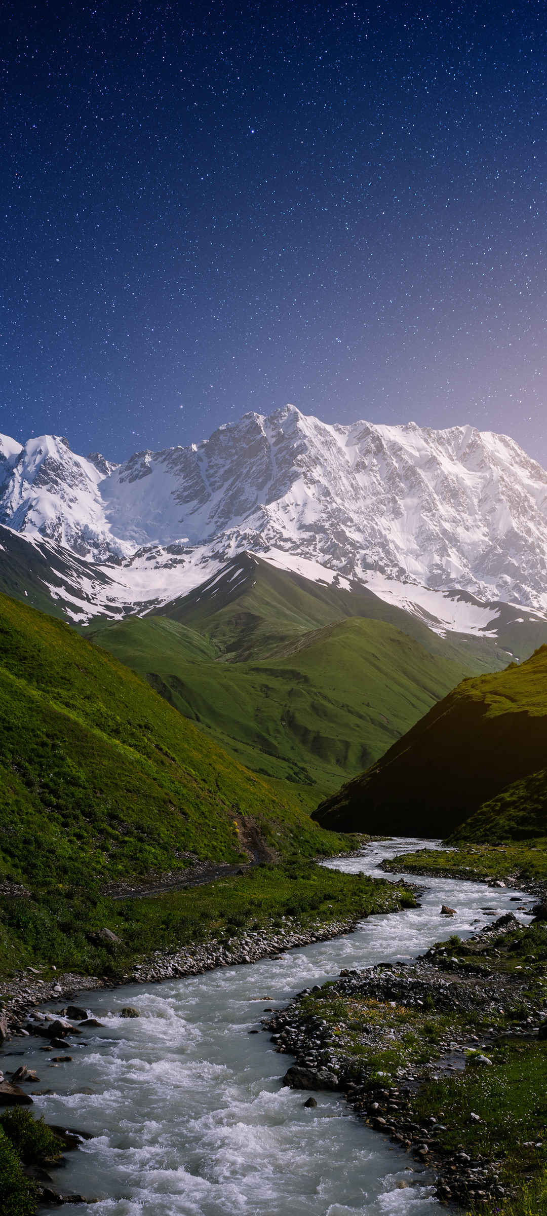 星空 ѩɽ 高山 小溪流水 风景手机壁纸