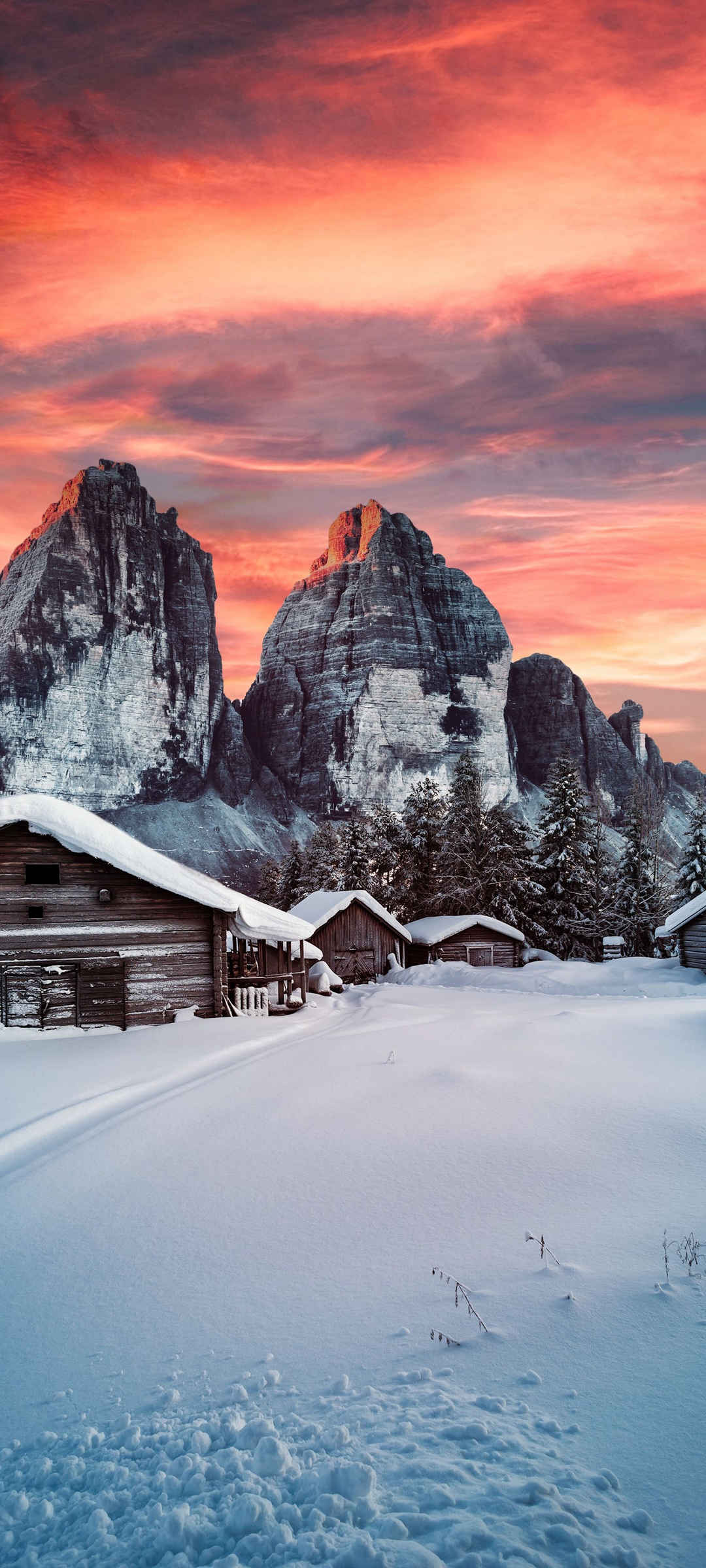 冬季 雪景 红霞 木房子 雪地 风景 壁纸