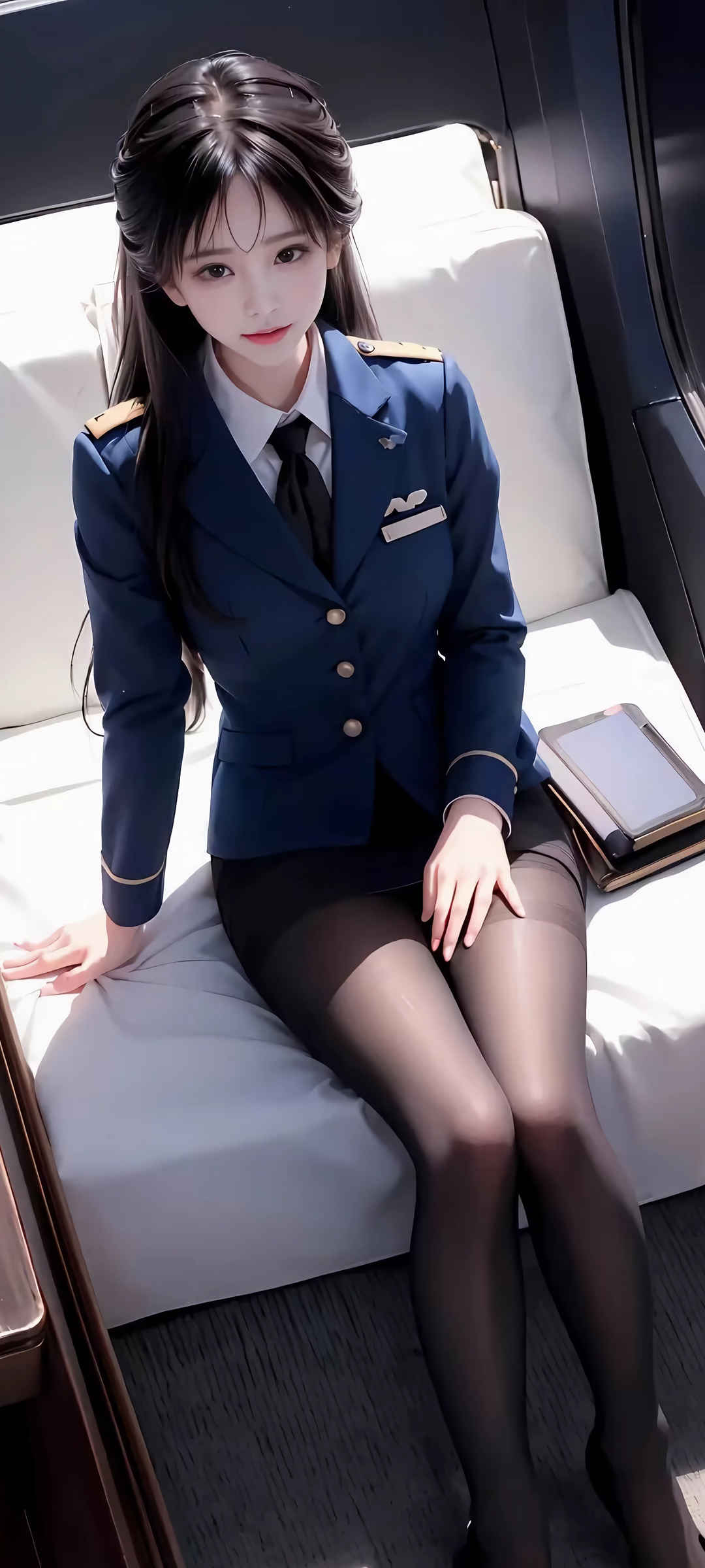 蓝色制服 黑色丝袜 绘画美女壁纸图片-