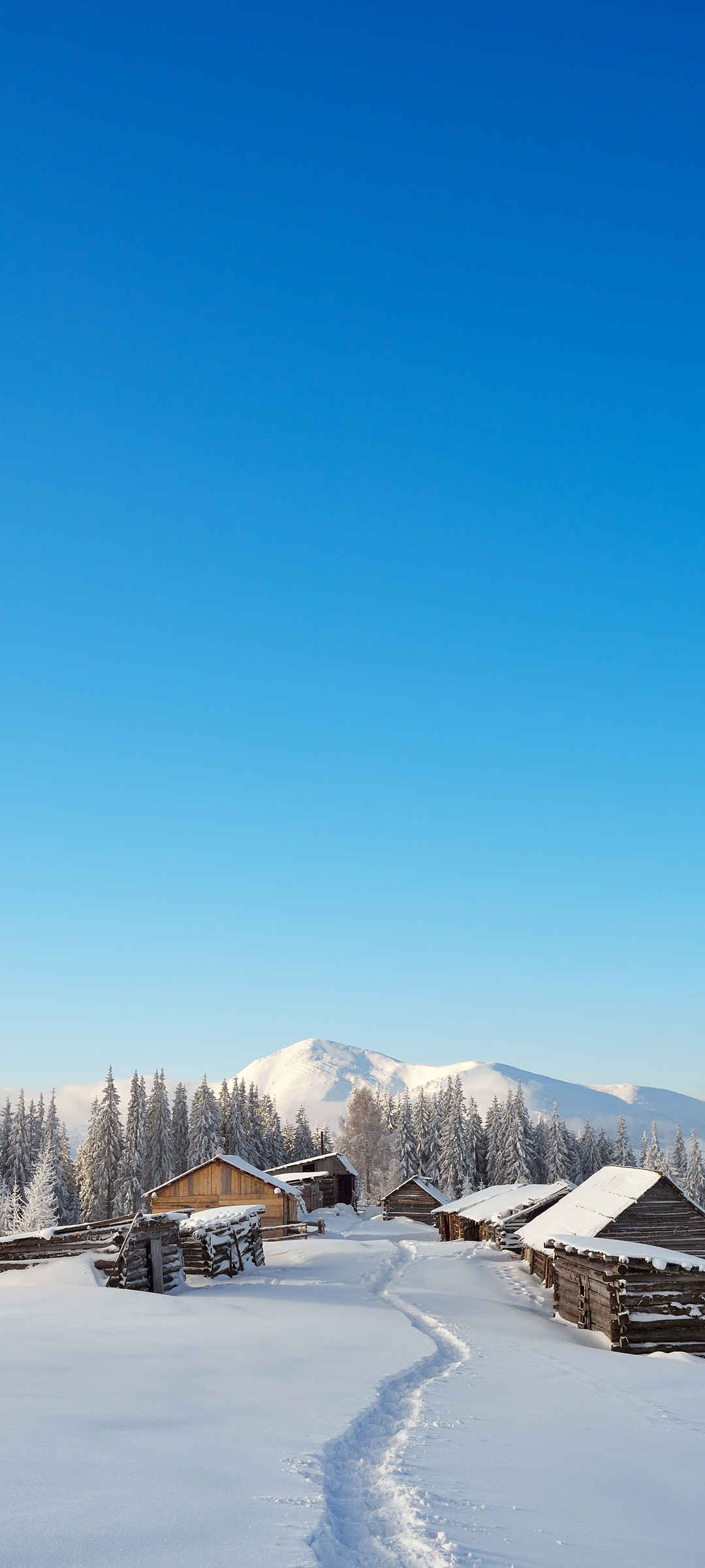 冬天 雪地 脚印 小木屋 树林 风景 手机 壁纸-