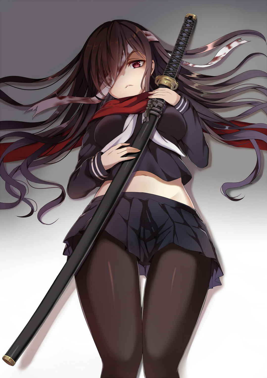长发 黑发  短裙 丝袜 武士刀 女孩 图片