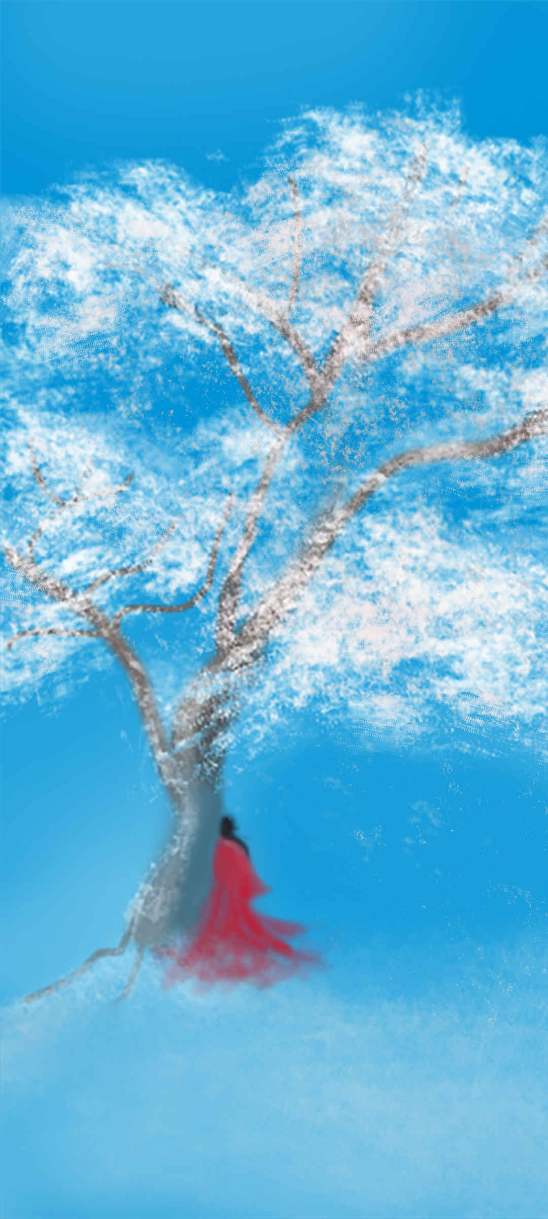 树 红衣女子 雪天古色古香的风景图