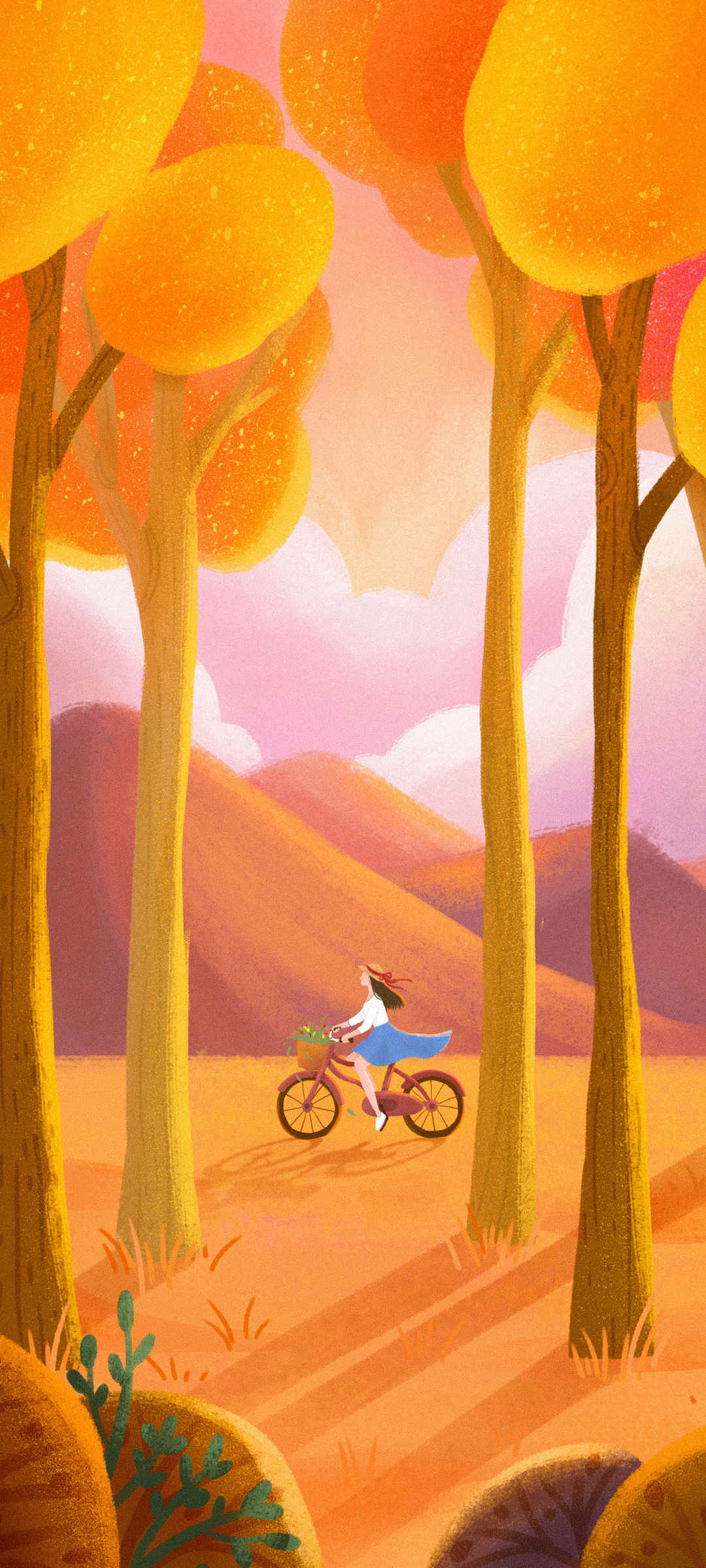 秋天 树林 女孩 单车 手绘小清新图片 壁纸