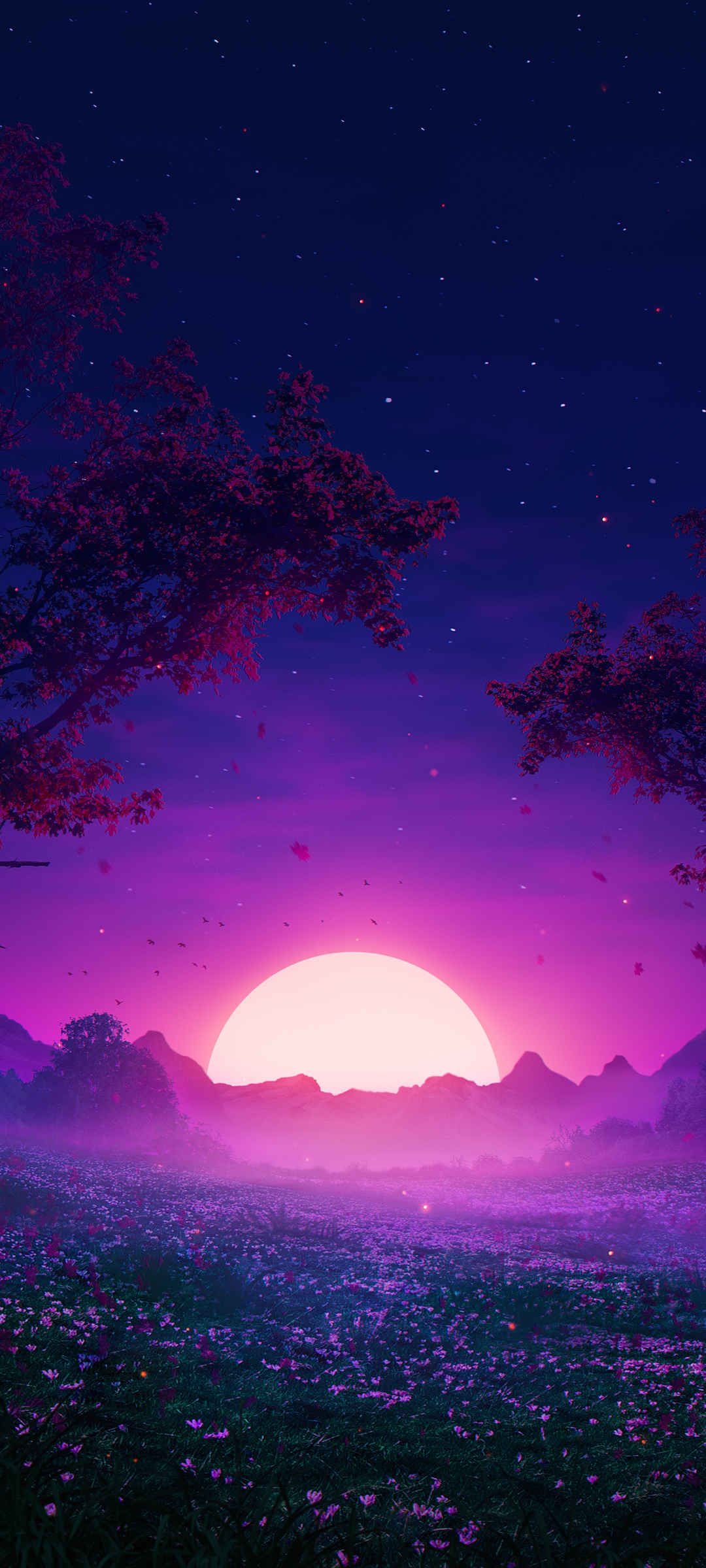 唯美紫色梦幻风景 鲜花 月亮 手机壁纸-