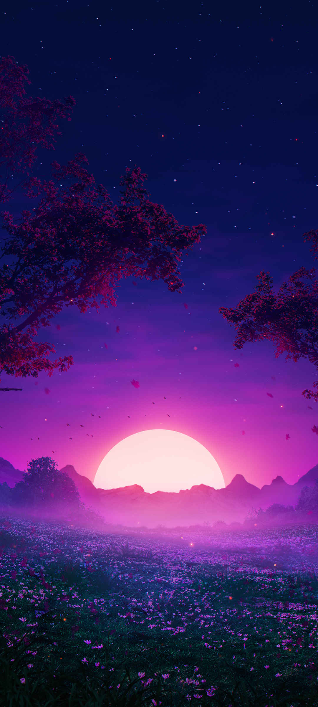 唯美紫色梦幻风景 鲜花 月亮 手机壁纸