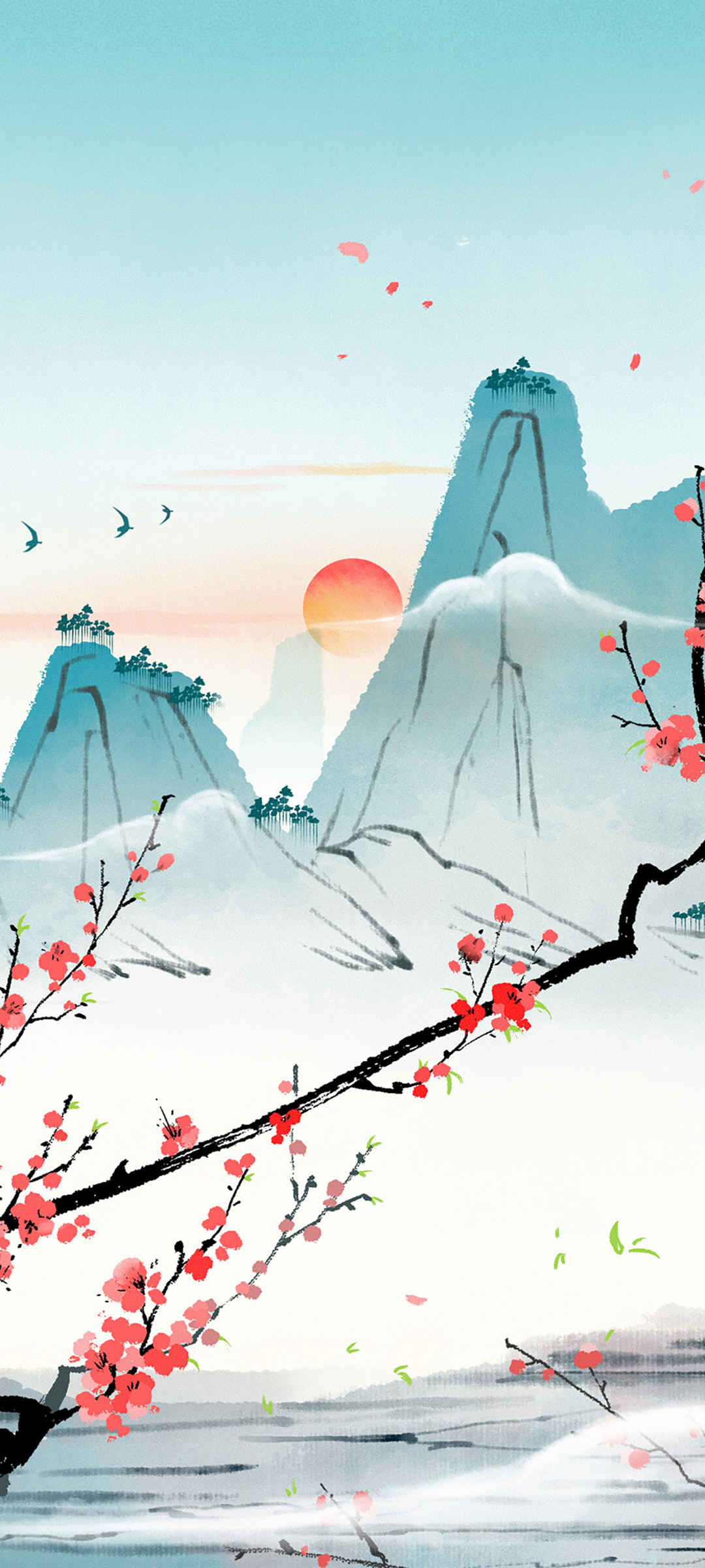 中国风 手绘画风景  日出 梅花全屏手机壁纸-