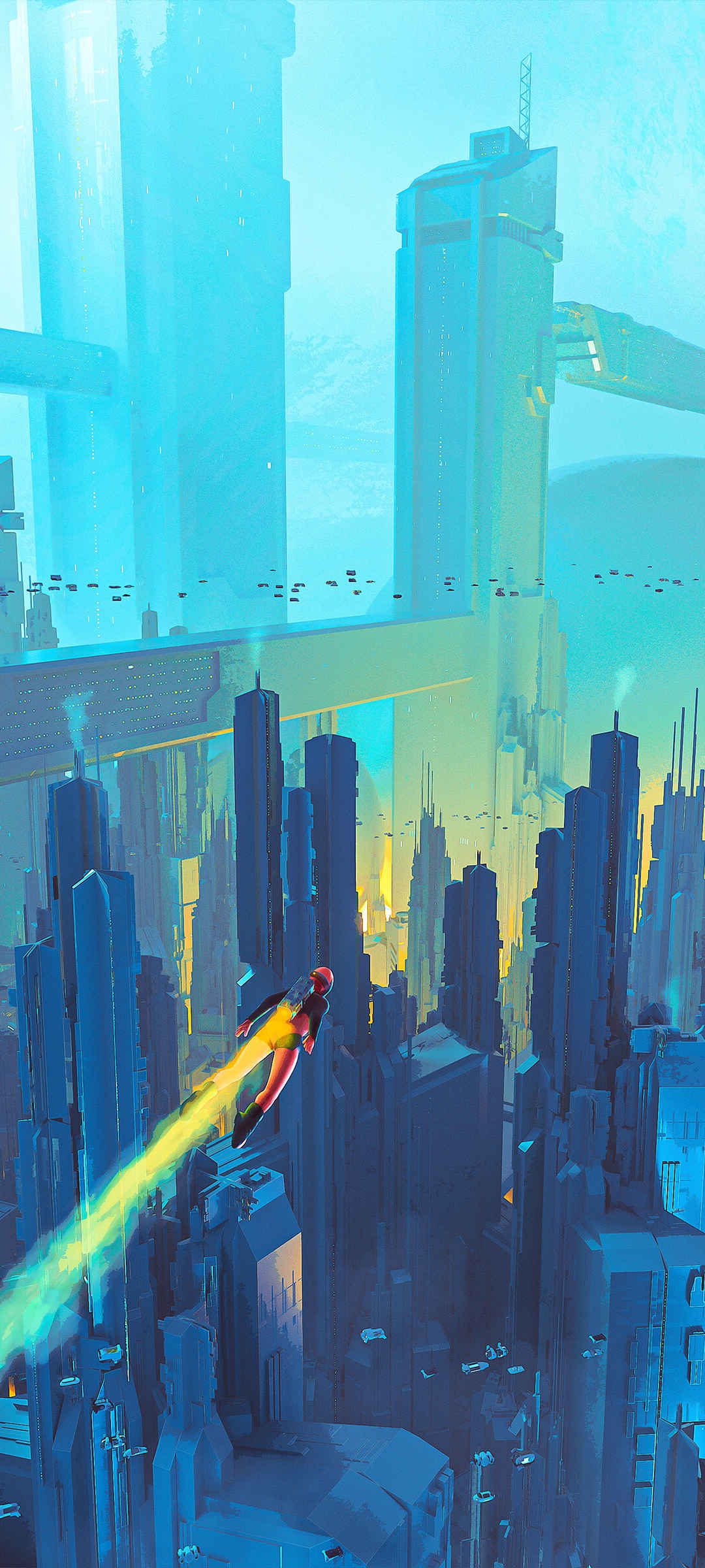 未来科幻 城市高楼 飞行的人手机壁纸-