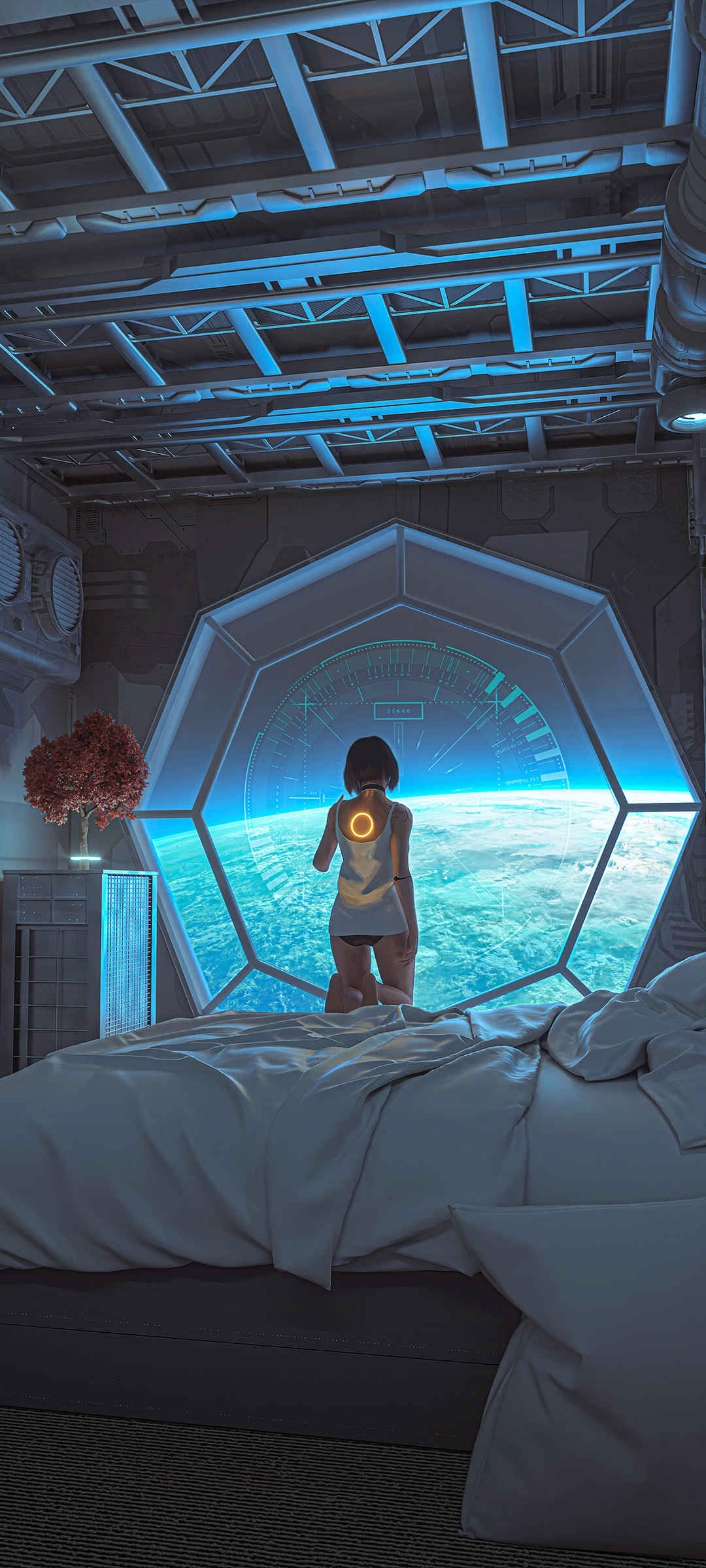 未来科幻 幻想 机舱 太空 床 女孩 全屏手机壁纸-