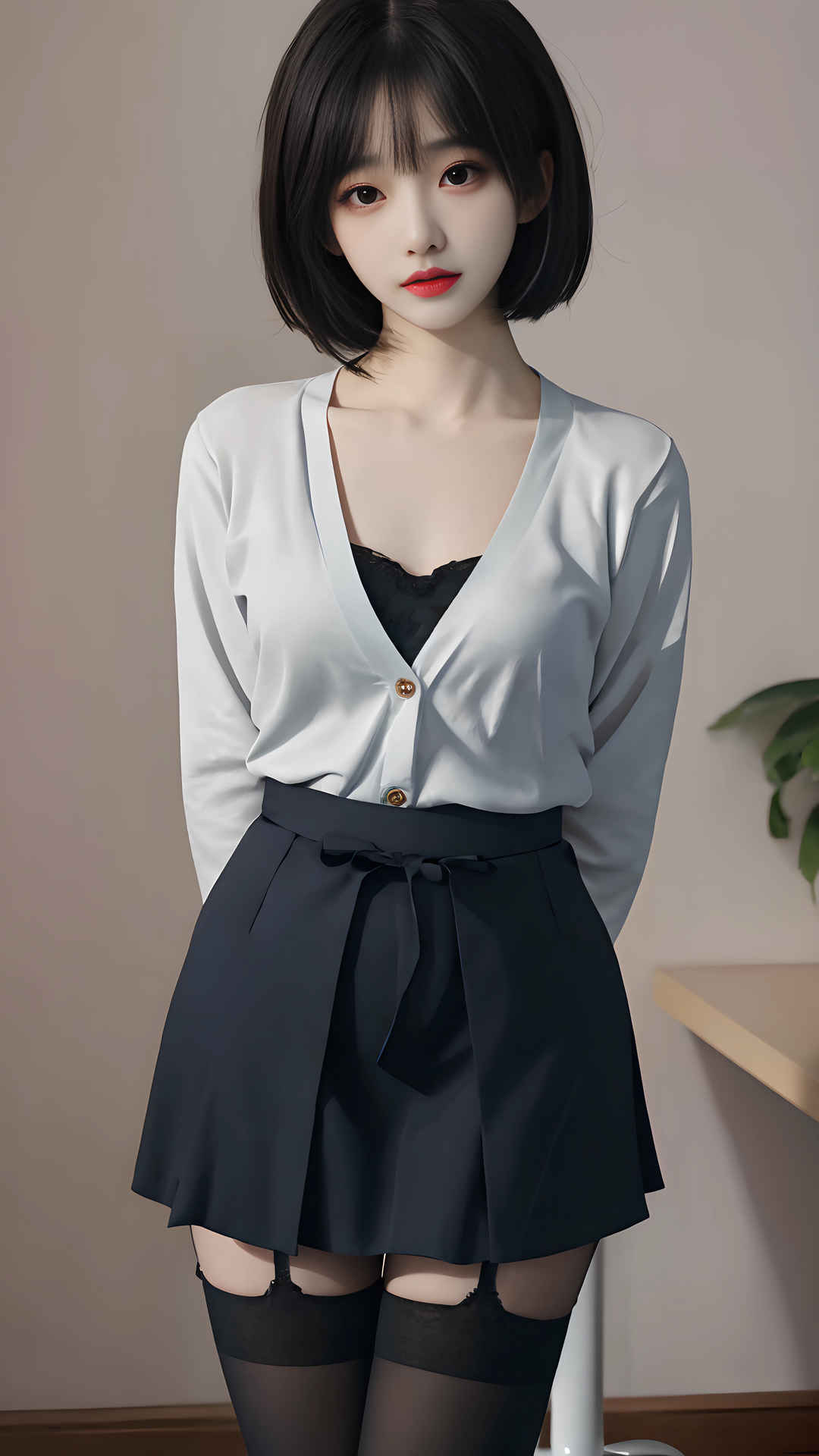 AI绘画黑色百褶裙短发美女图片