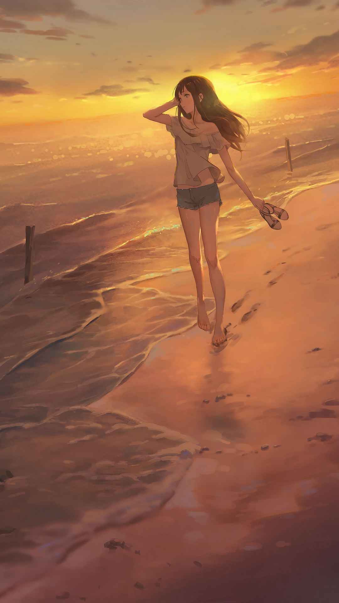 黄昏光着脚丫漫步在海边沙滩的二次元短裤美少女唯美图片-