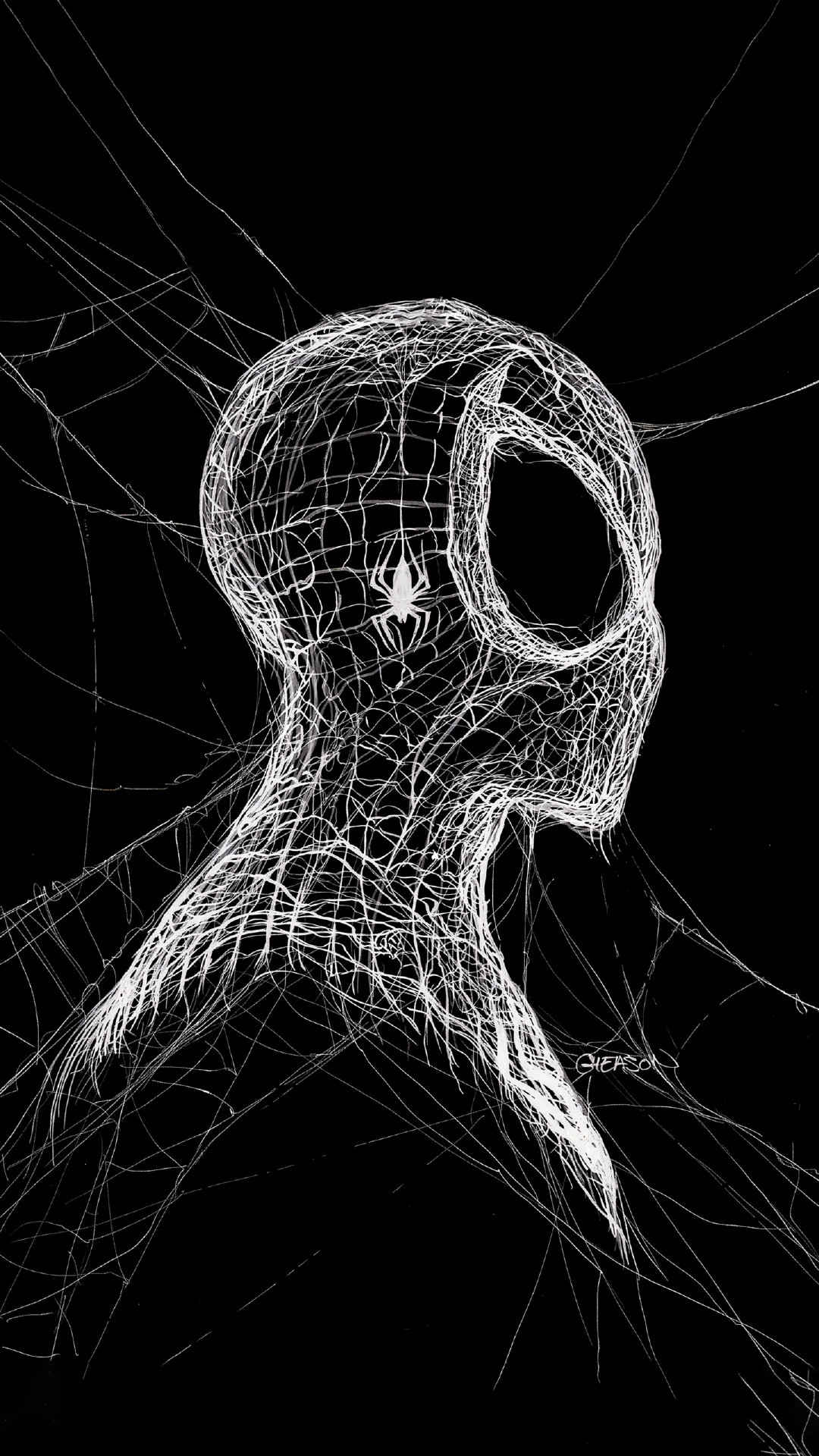 创意蜘蛛网构成的蜘蛛侠头像手机壁纸-
