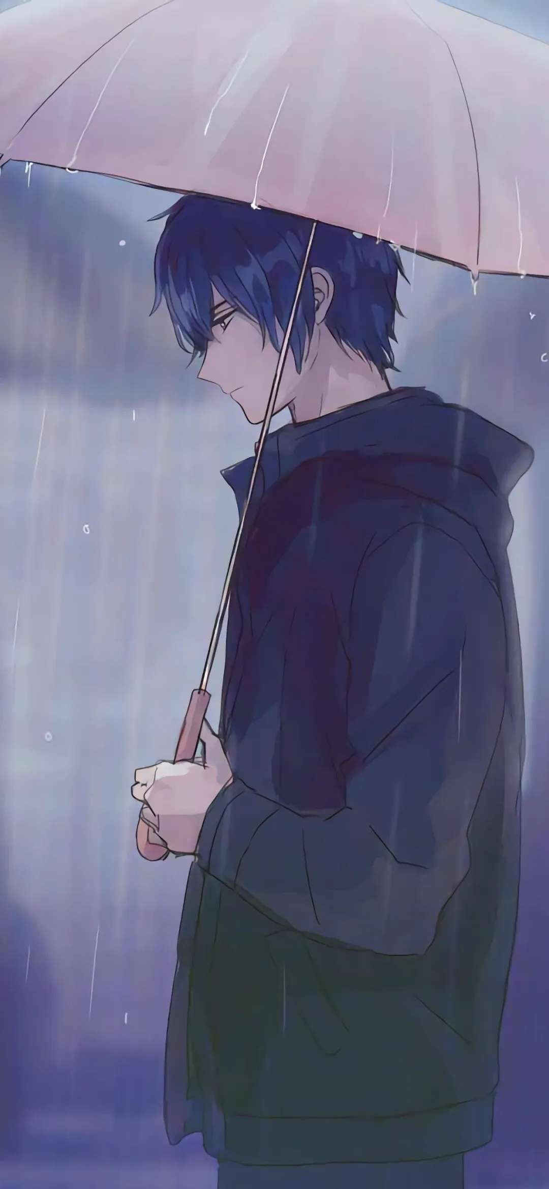 雨中的动漫男孩手机壁纸-