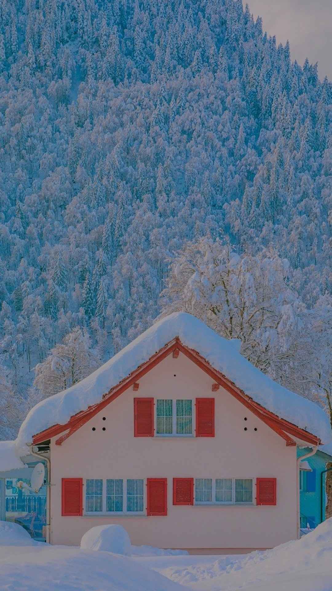 雪中小屋优美迷人风光手机壁纸-