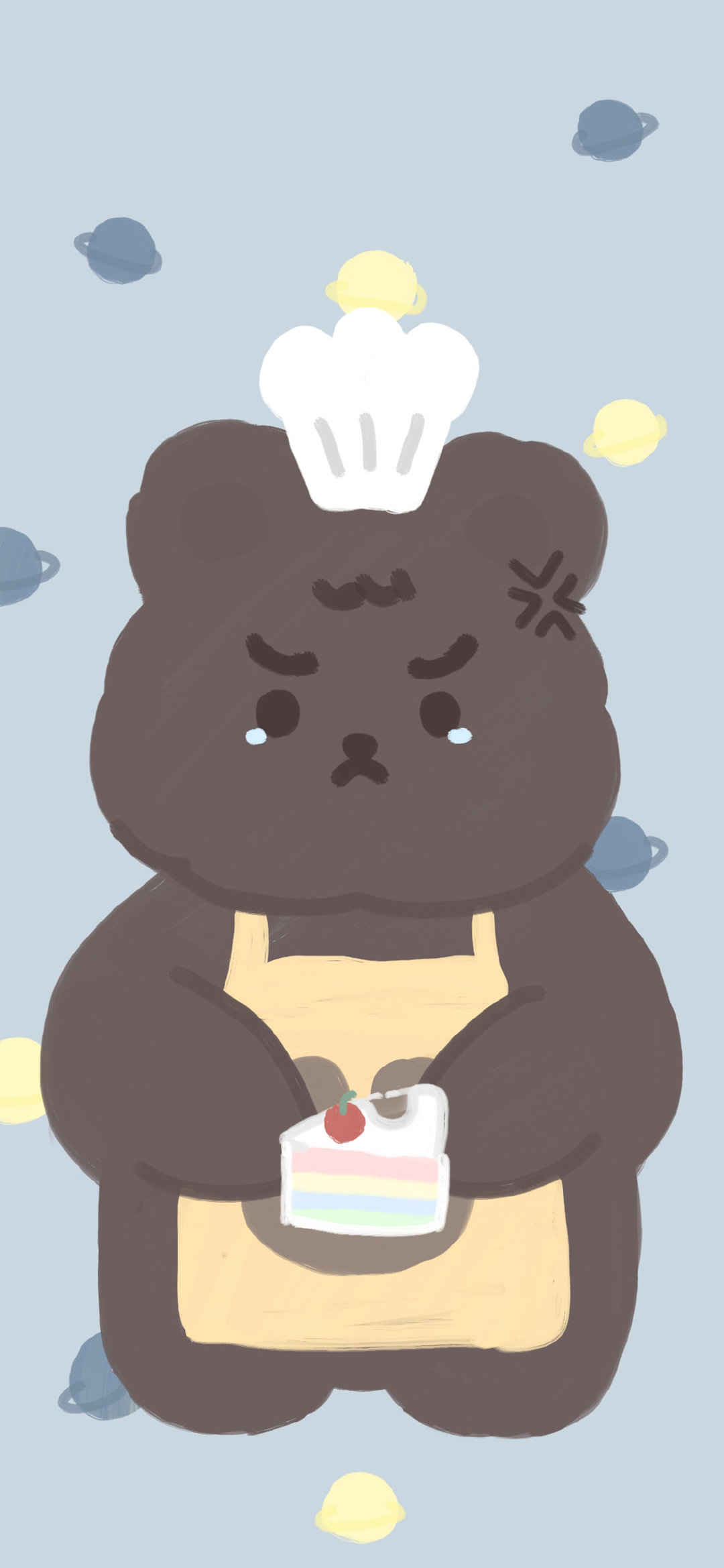 委屈的小熊拿着蛋糕手机壁纸-