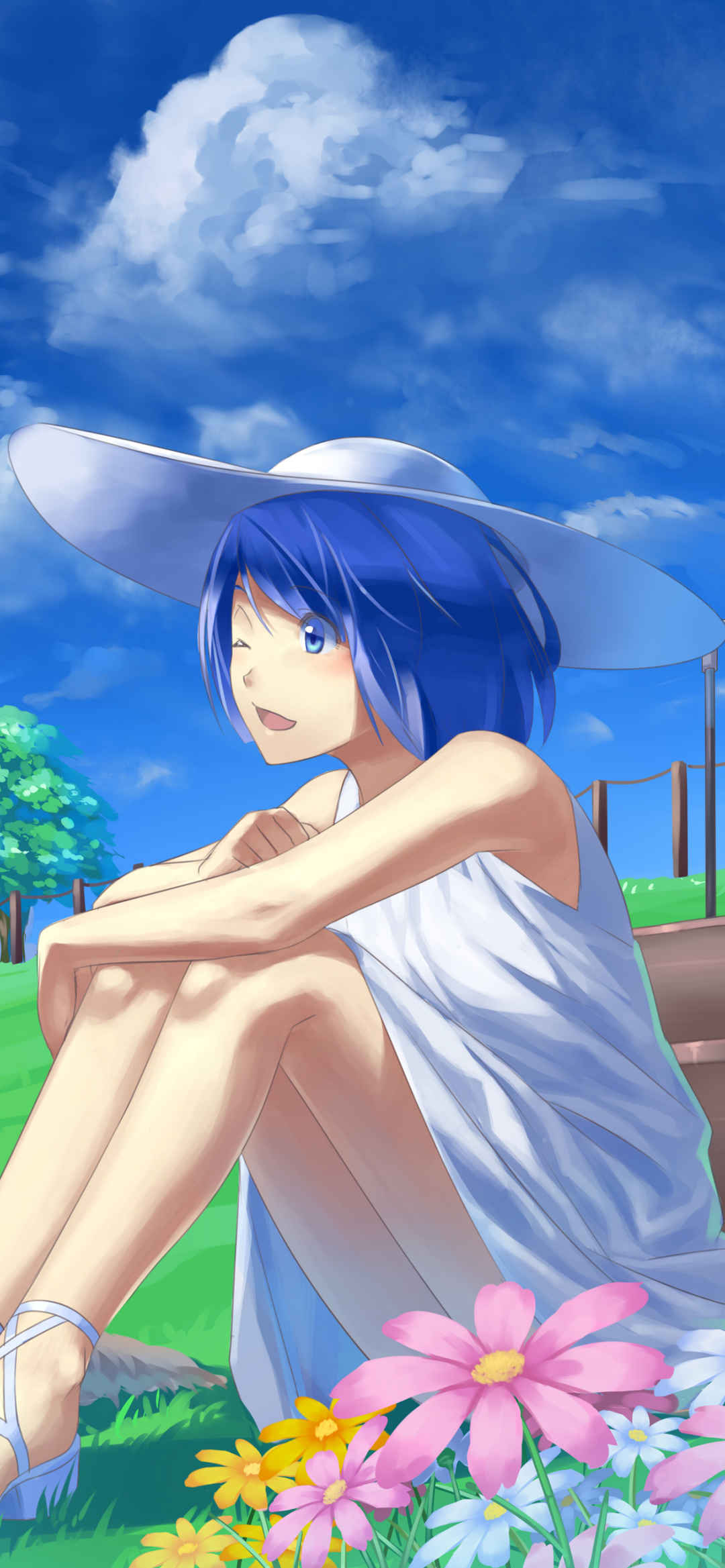 蓝蓝的天空戴草帽坐在草地上的动漫少女-