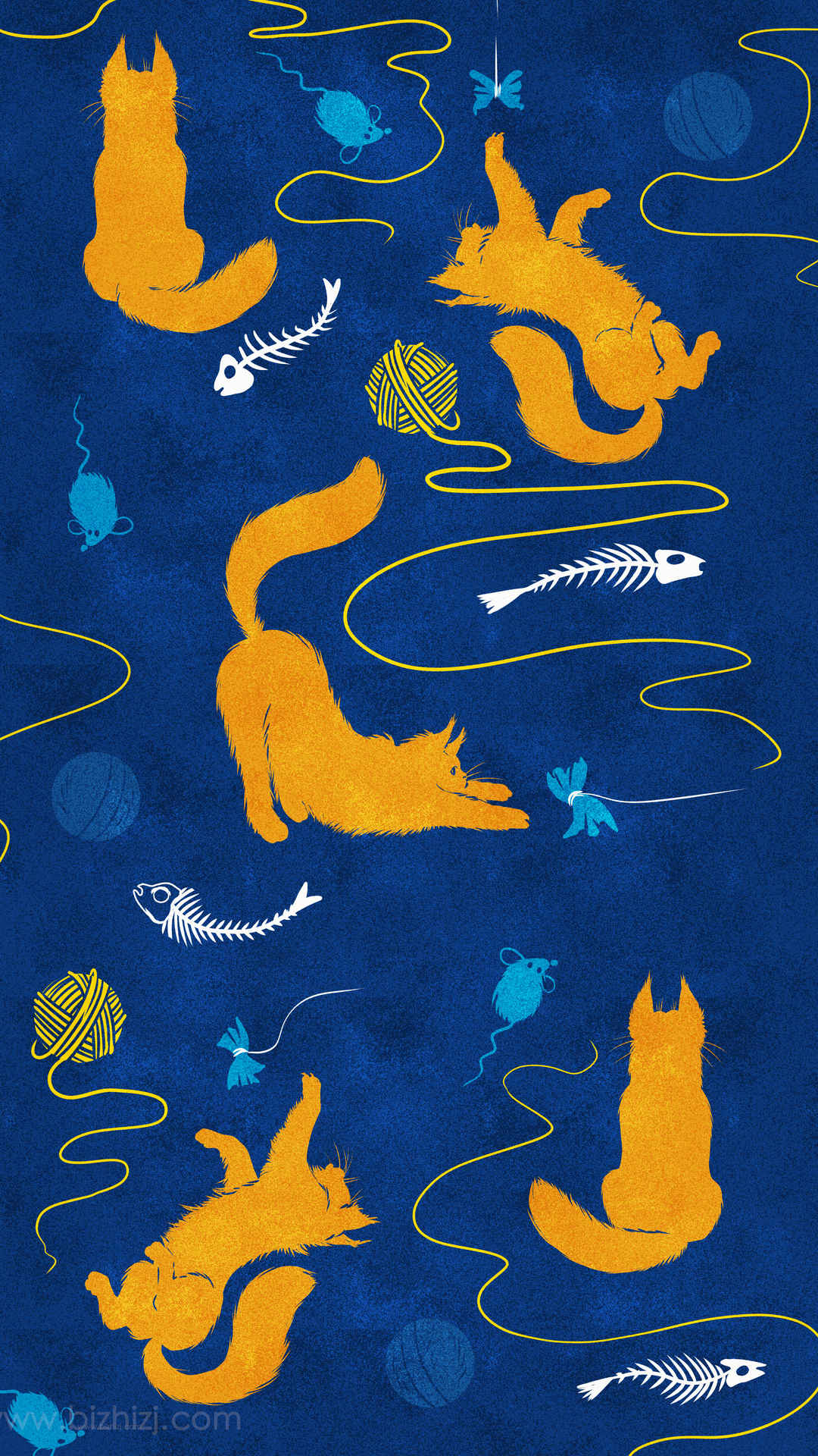 黄色猫咪 线团 鱼骨 插图手机壁纸-