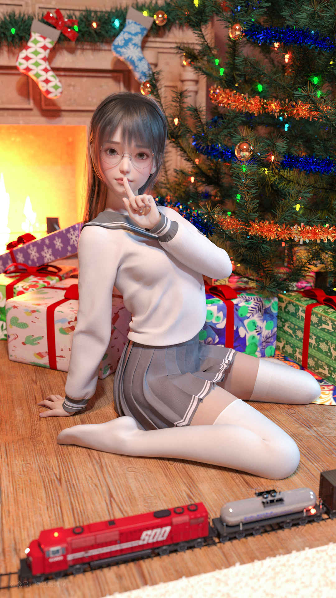 jk制服3d动漫美女 百褶裙 白色长筒袜 圣诞节 4k手机壁纸-
