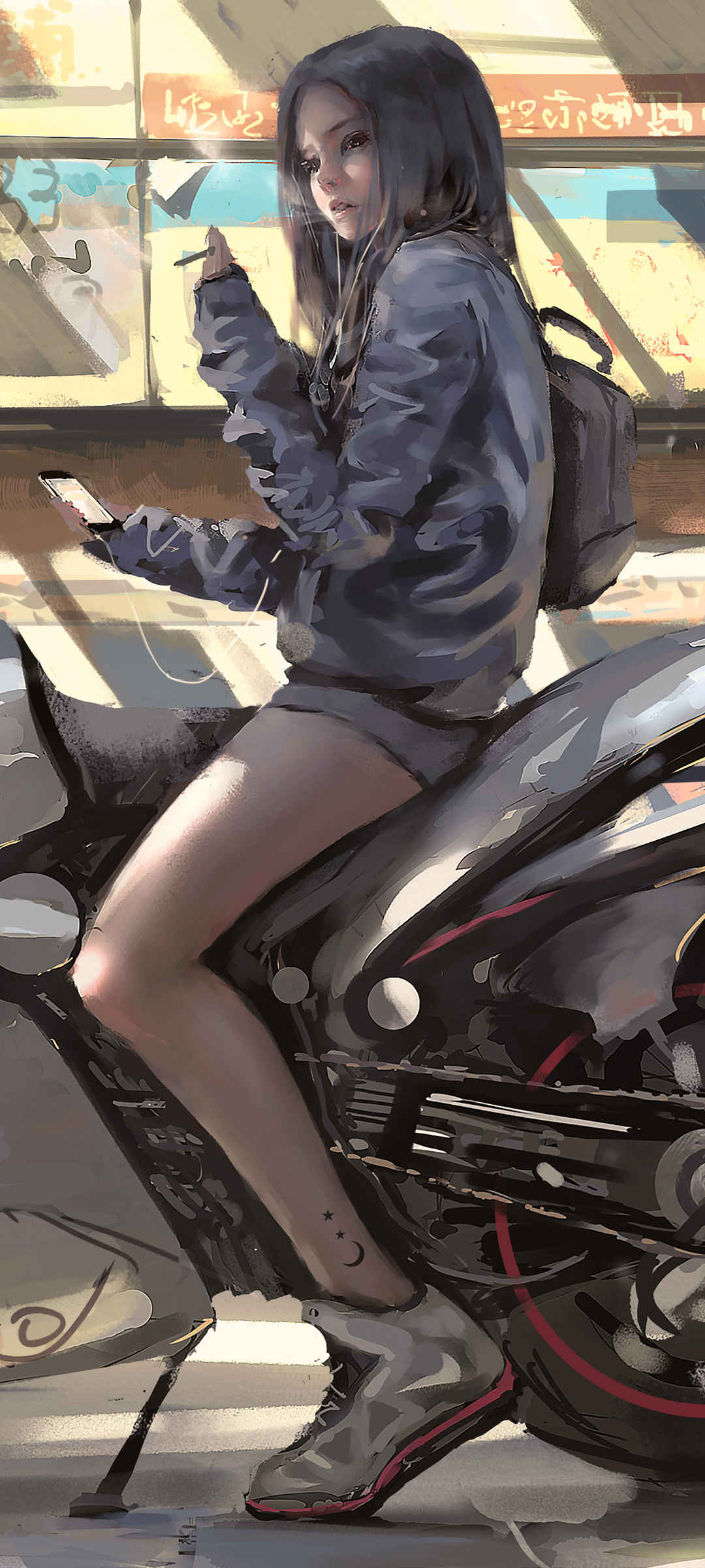 个性女孩 摩托车 厚涂画 鬼刀高清手机壁纸
