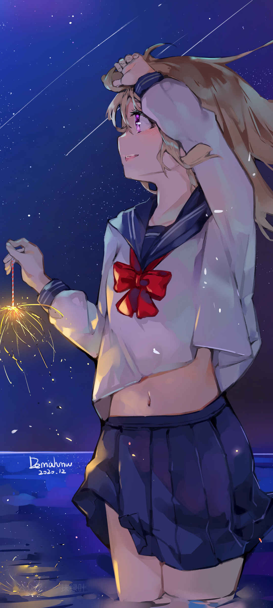 星空 少女 水手服 风景 夜空 动漫全面屏手机壁纸
