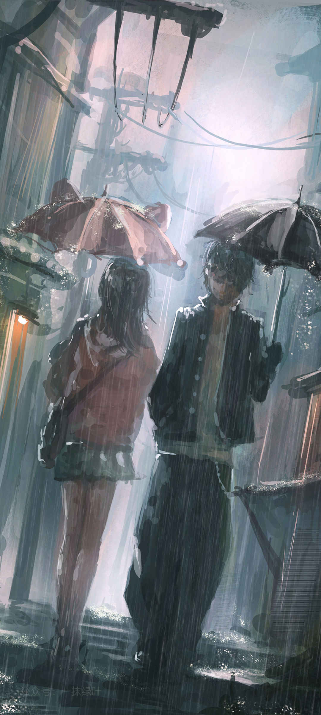 雨天 小巷 女孩和男孩 雨伞 鬼刀手机壁纸