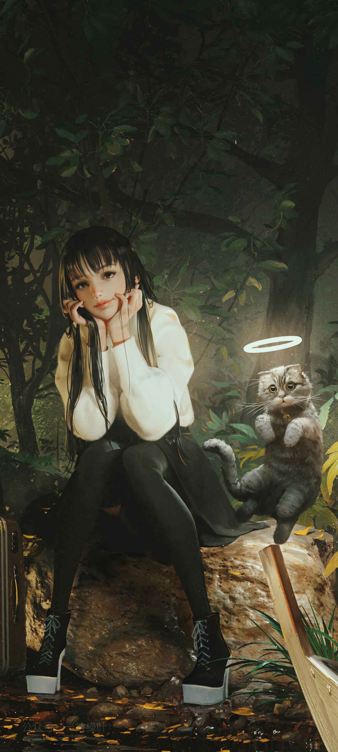 树林 晚上 女孩 黑色裤袜 猫 唯美全屏动漫手机壁纸