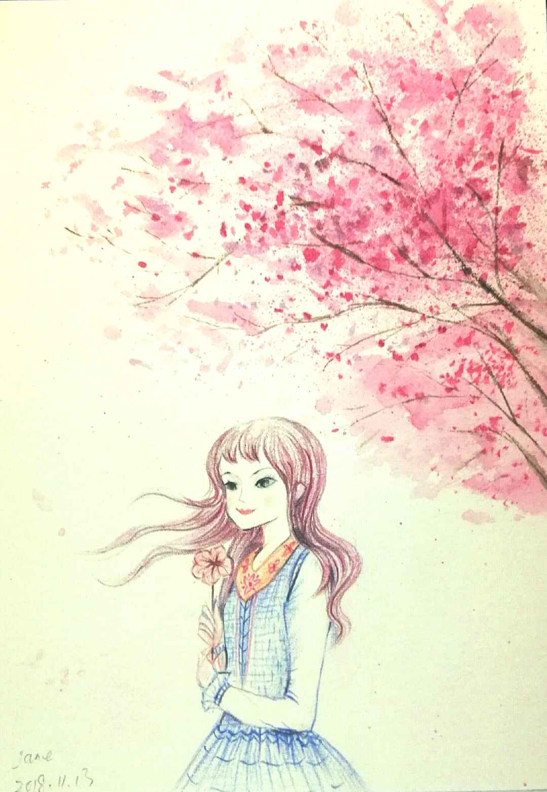 动漫少女走在樱花树下的台阶唯美场景高清手机壁纸