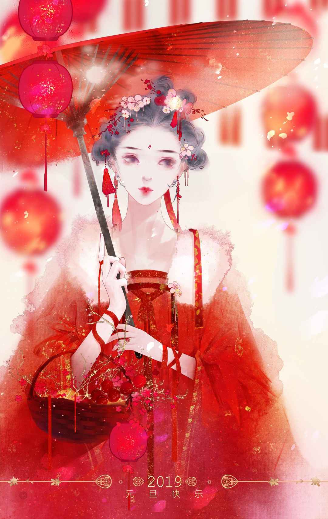 红红的中国风画风的动漫女孩手机壁纸看着就很吉利-