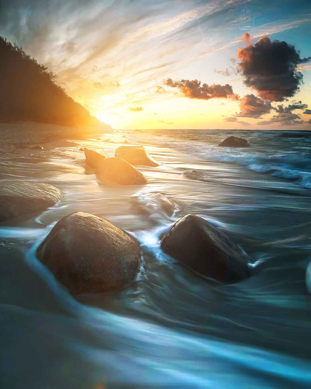 日落 海滩 海浪 岩石手机壁纸-
