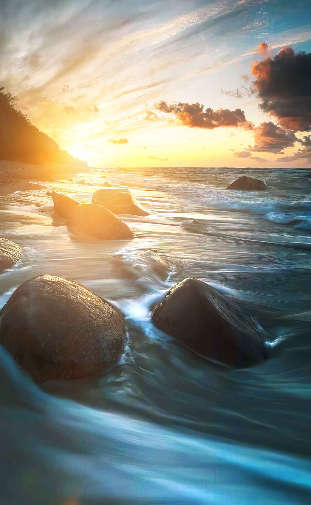 日落-海滩-海浪-岩石手机壁纸-
