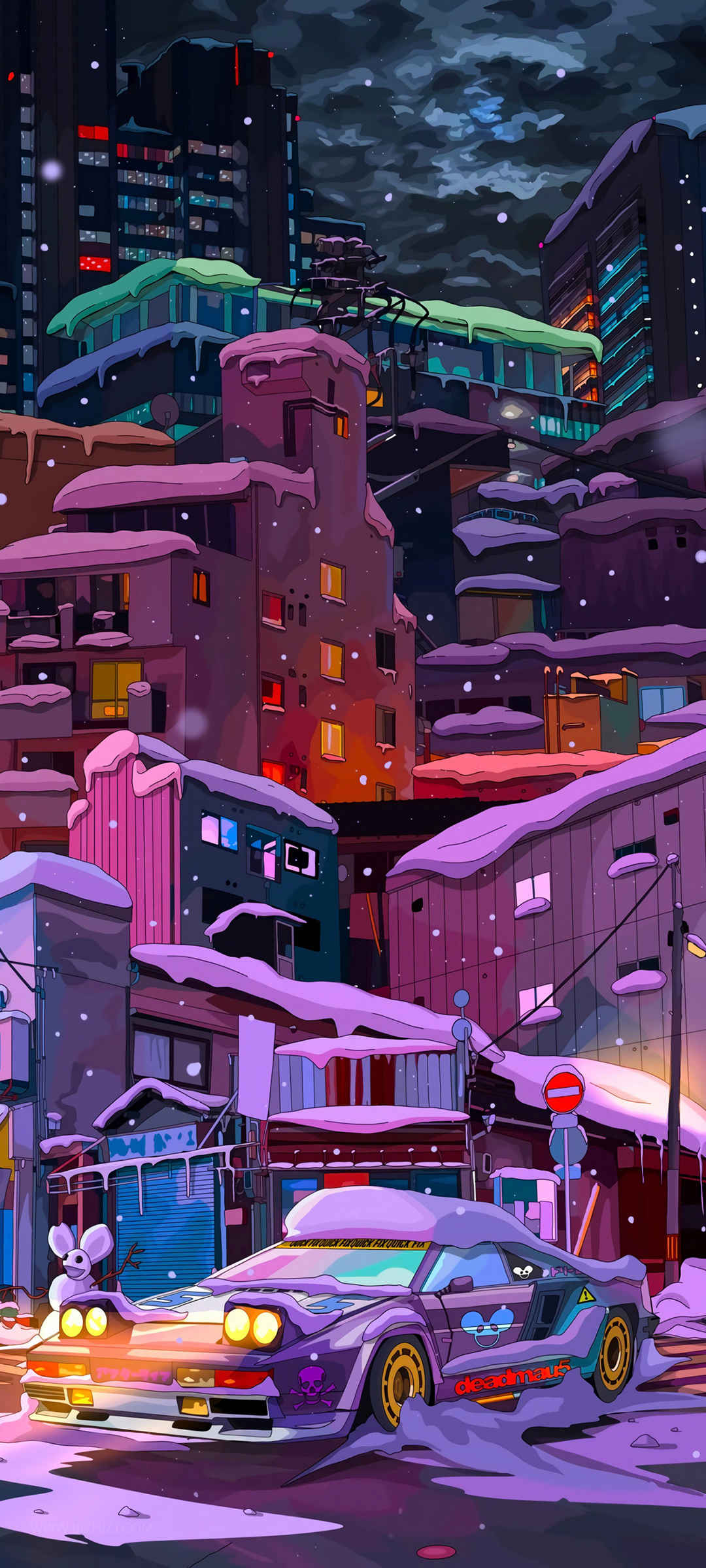 赛博朋克风格 城市 雪天 汽车 手机壁纸-