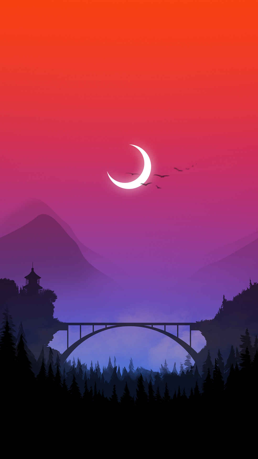 月亮 飞鸟 山脉 拱桥手机壁纸-