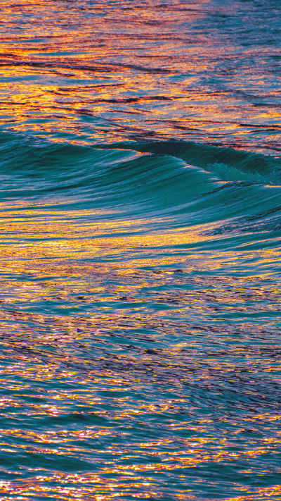 橙黄的夕阳映在卷起的巨浪的唯美场景手机壁纸-