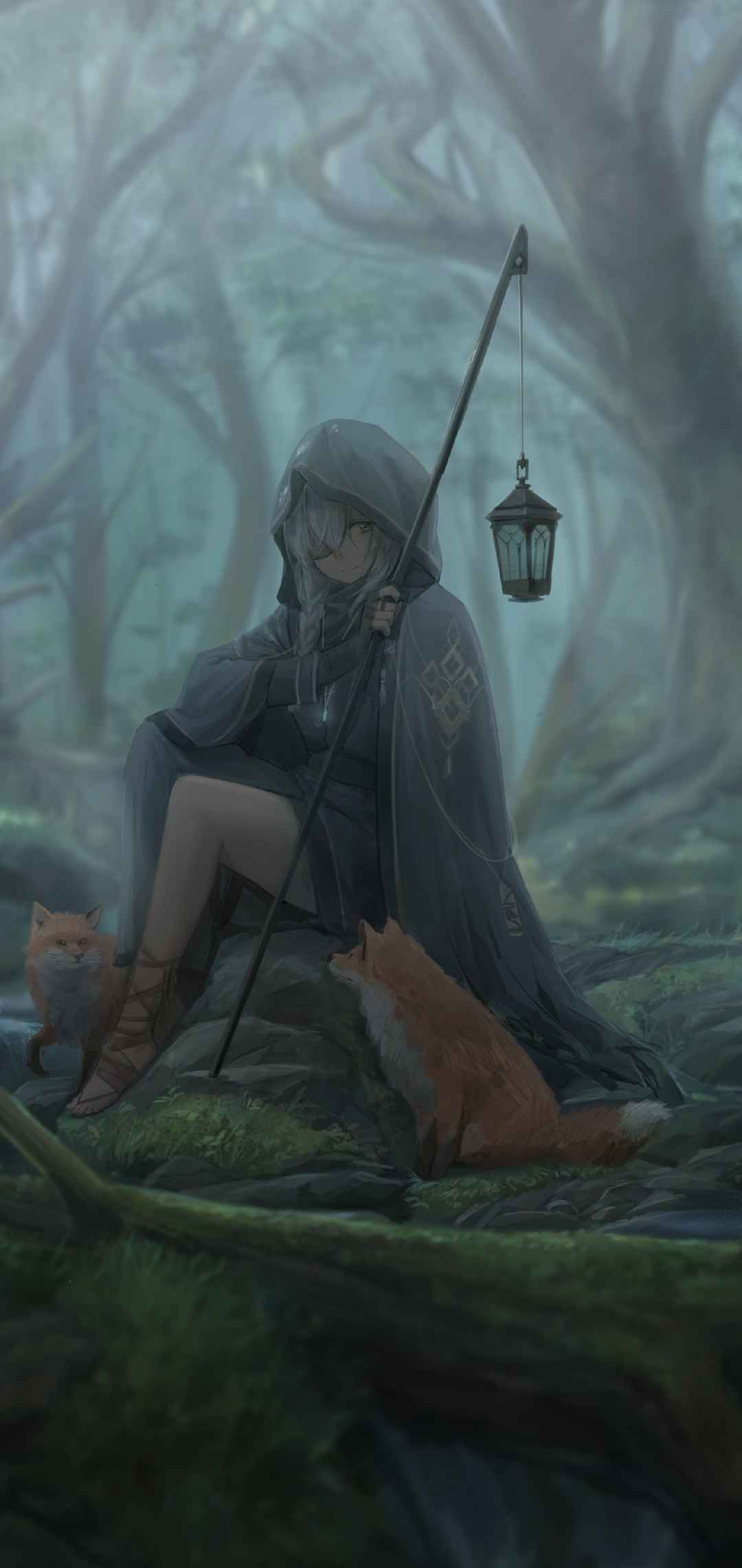 森林里的动漫女孩和狐狸
