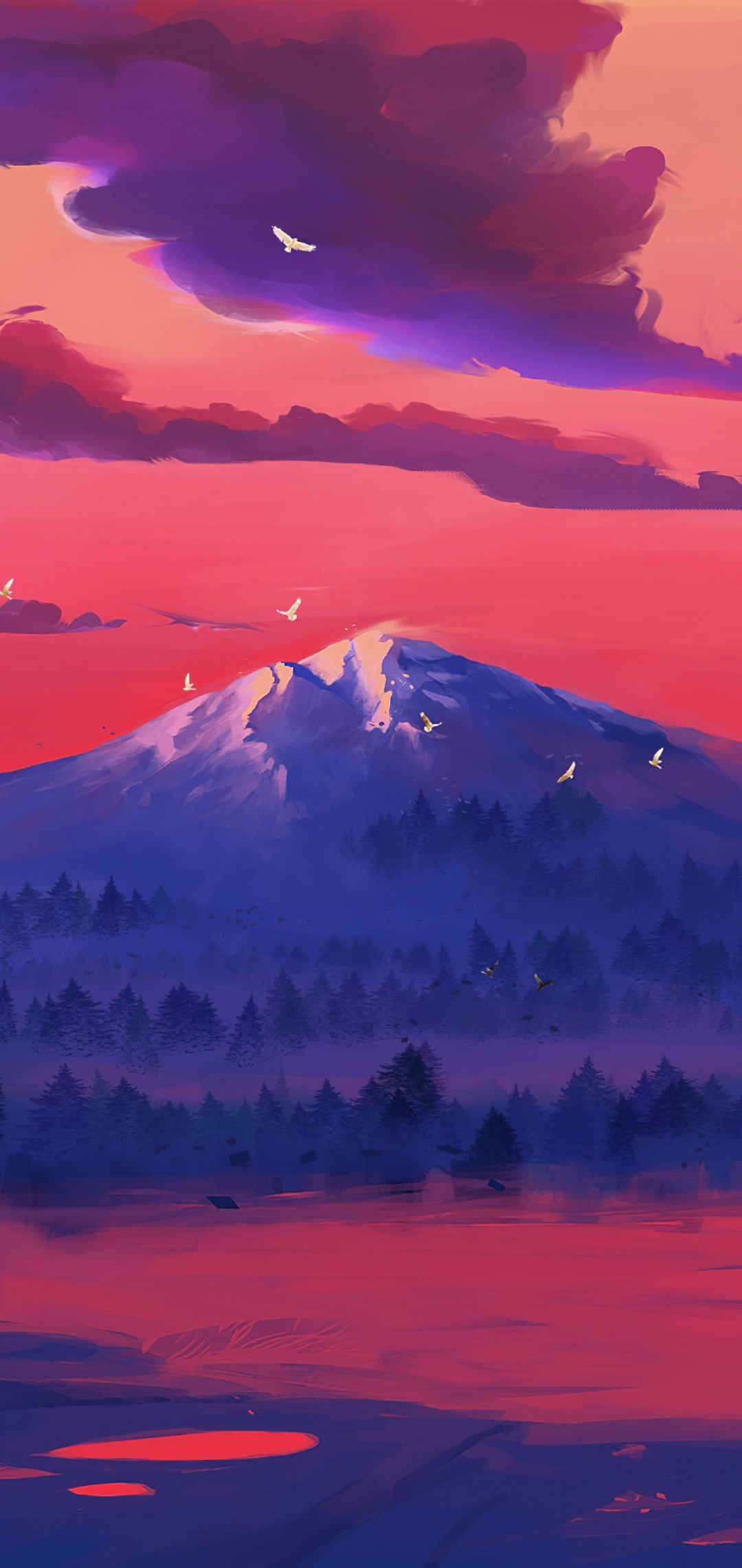 夕阳映红的湖泊和山脉
