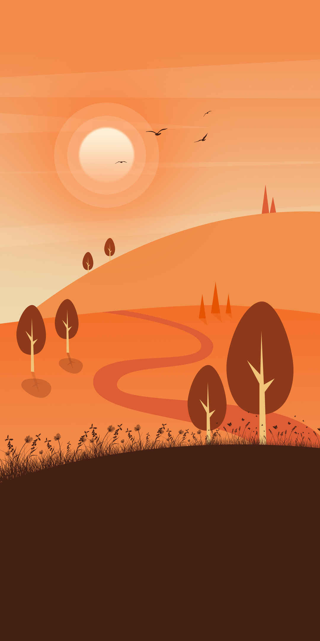 橙色 草原 树木 阳光 风景插画2750x5500手机壁纸