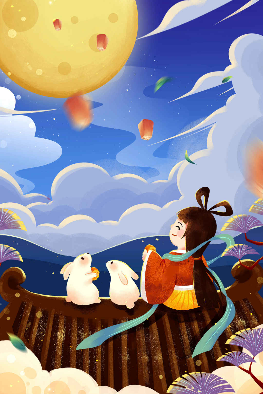 创意二十四节气中秋节传统节日嫦娥玉兔月亮赏月手绘插画海报-