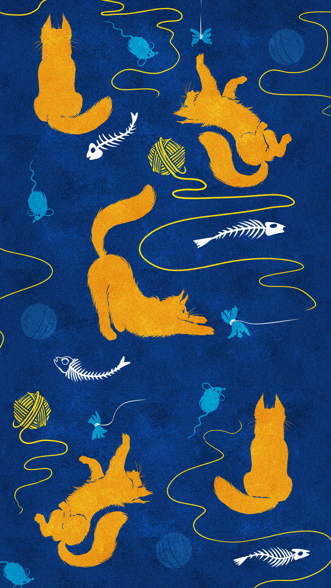 黄色猫咪 线团 鱼骨 插图手机壁纸