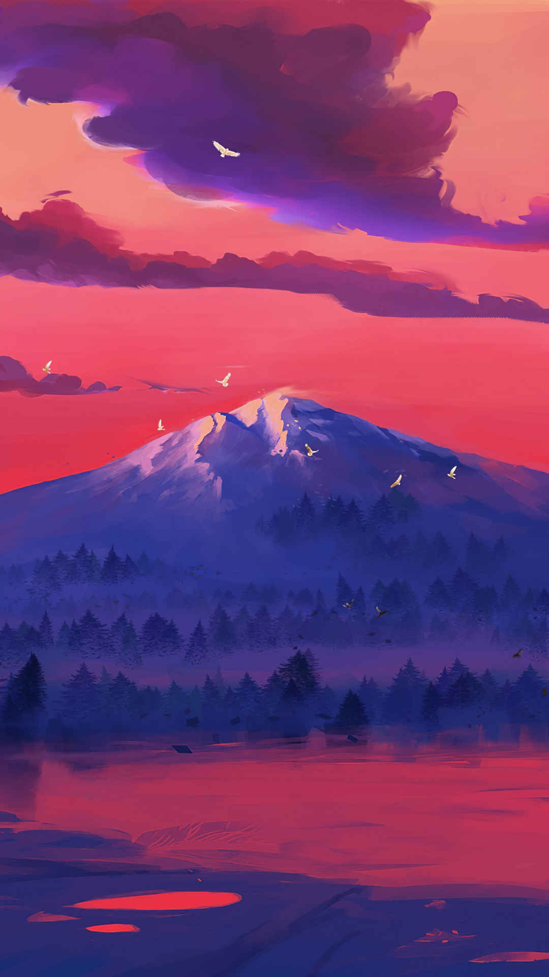 夕阳映红的湖泊和山脉插画手机壁纸