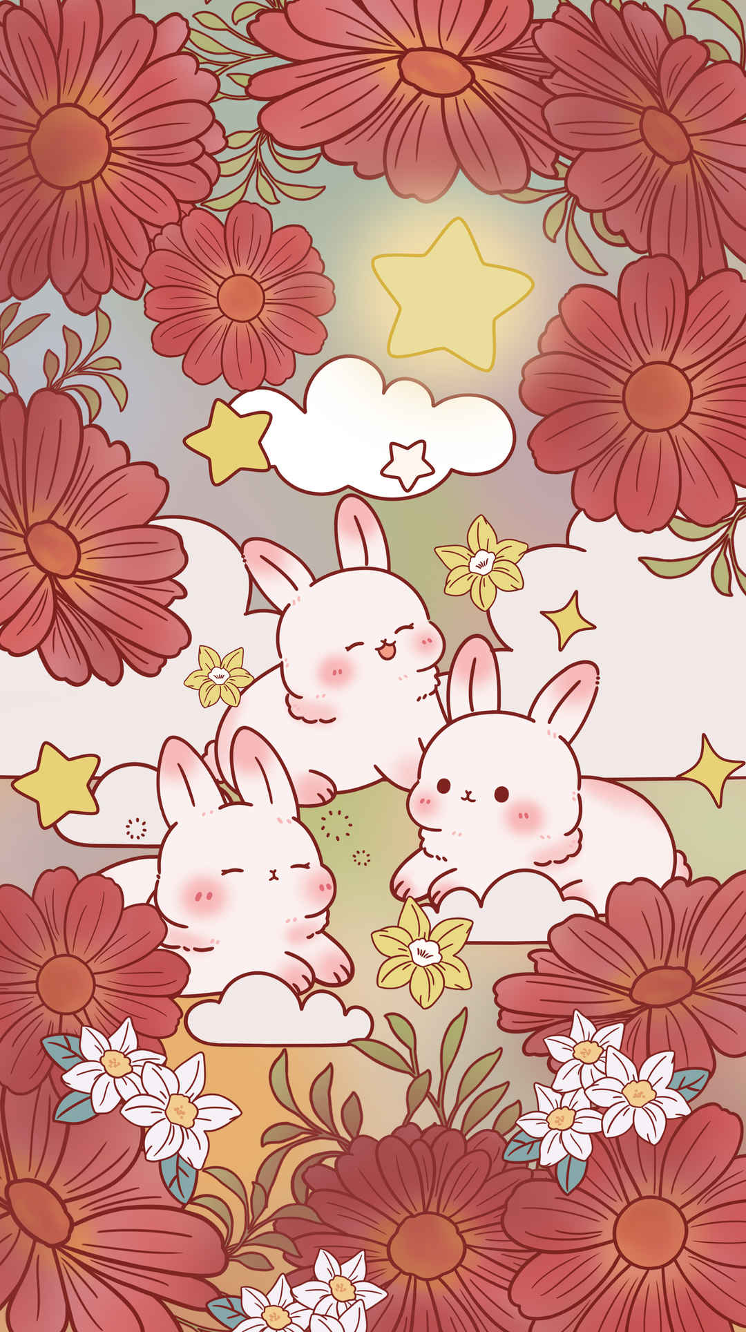花丛中的可爱3只兔子4k手机壁纸图片-